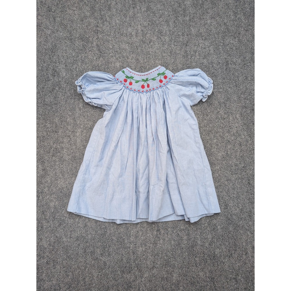 Carriage Boutiques Baby Girl Dress‎ 9M Blue Smocked Cherry Puff Sleeve Vintage
